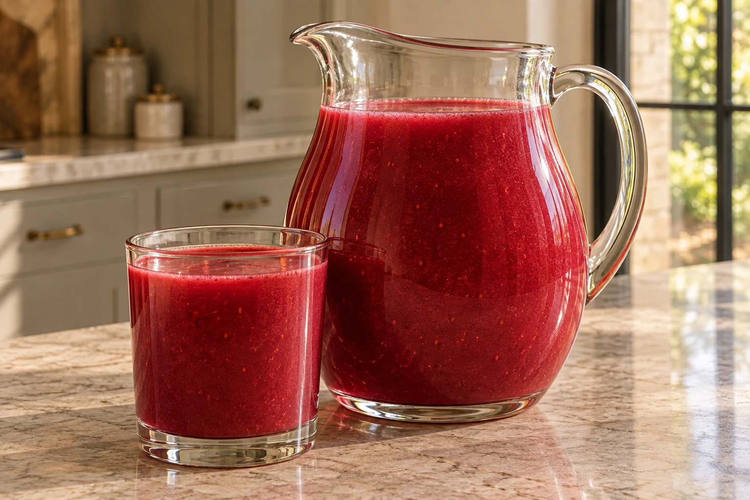 Smooth strawberry beet kvass in a clear pitcher and glass for Full GAPS