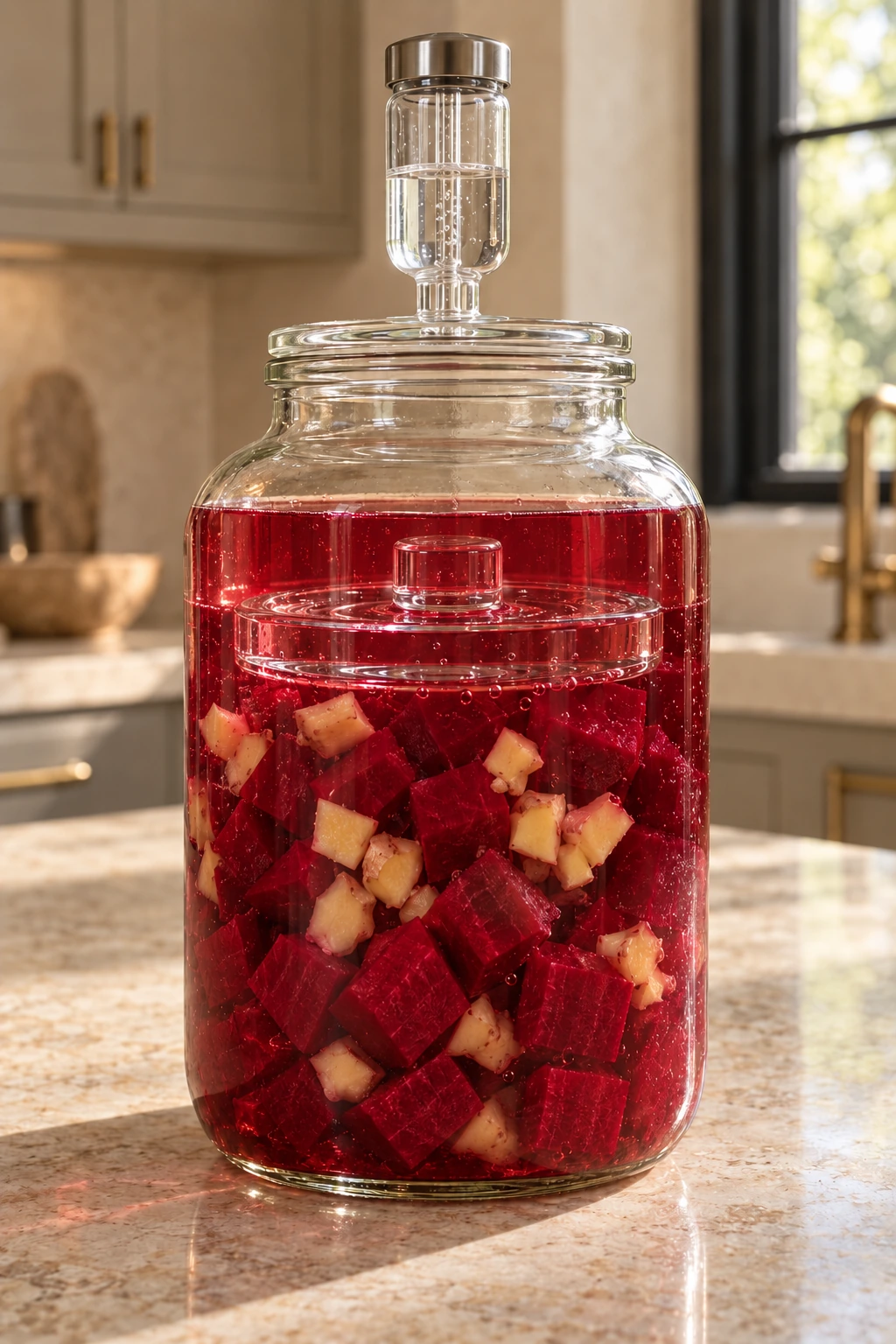 Beet and ginger fully submerged during the strawberry beet kvass primary ferment