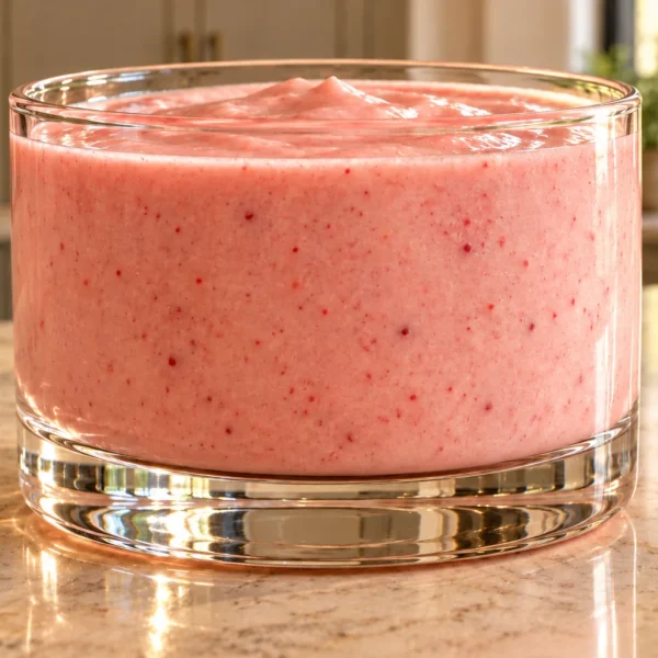 One ordinary glass of pale pink strawberry coconut shake with fine berry flecks in the WFLI kitchen