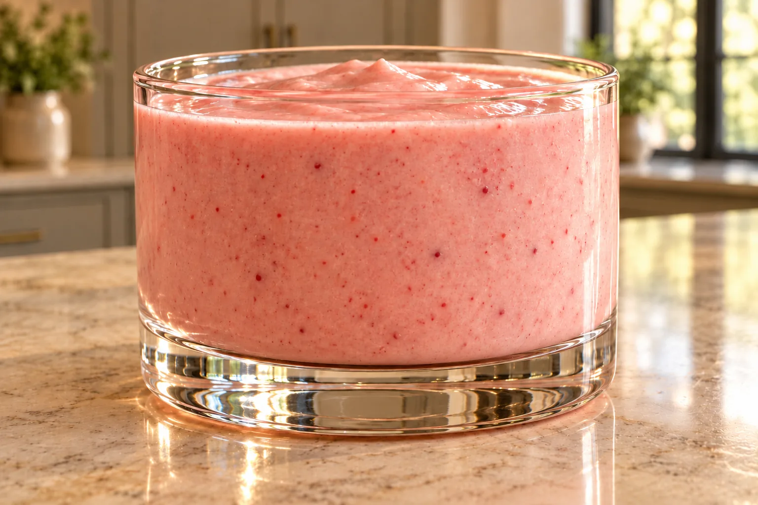 One clear glass of pale pink strawberry coconut milk shake with fine berry flecks