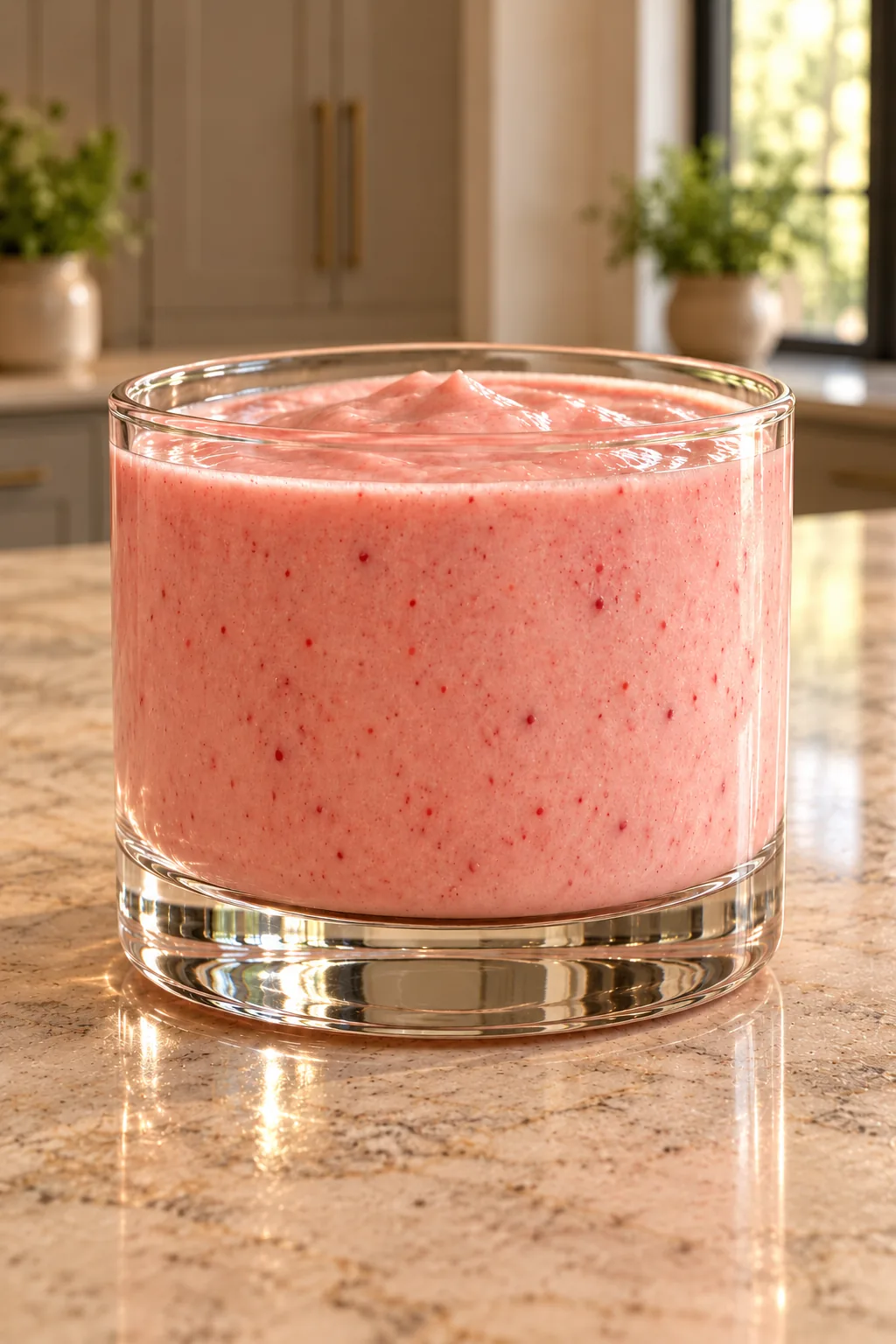Vertical photograph of one glass of pink strawberry coconut milk shake