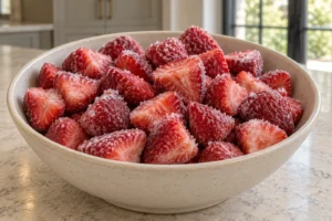 Cored and sliced frozen strawberries with fine frost in a ceramic bowl