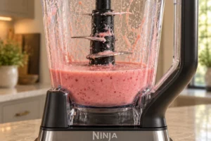 One serving of pale pink strawberry coconut shake low in a full-size Ninja BN801 pitcher with coated blades