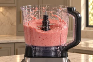 Strawberry banana white navy bean ice cream base in the exact Ninja BN801 processor bowl