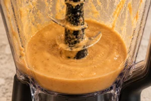 Full GAPS pumpkin coconut eggnog around coated blades in a Ninja BN801 pitcher after blending