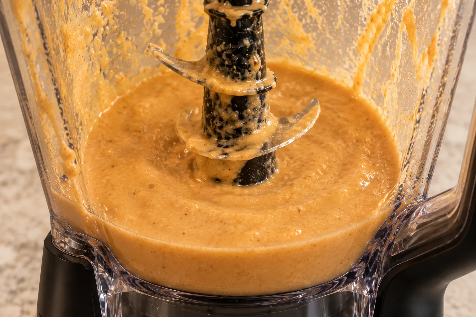 Full GAPS pumpkin coconut eggnog around coated blades in a Ninja BN801 pitcher after blending