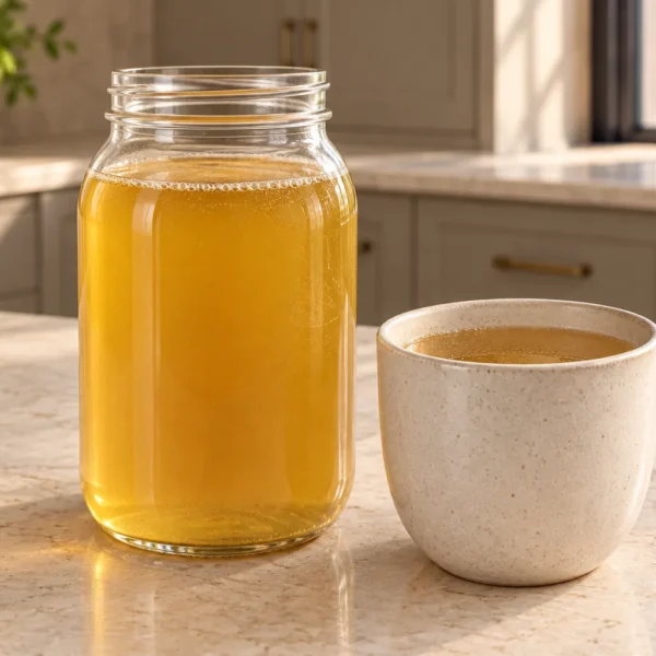 Three-pound second-batch chicken bone broth in a glass jar and ceramic cup