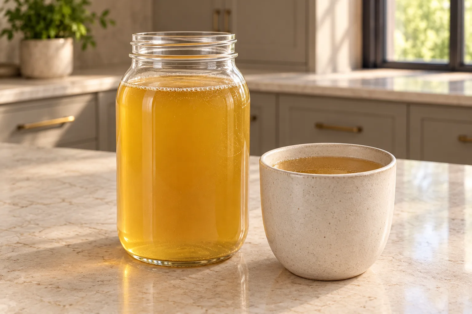 Three-pound later Full GAPS chicken bone broth in a glass jar and ceramic cup
