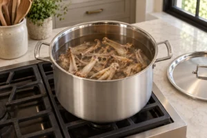 Three pounds of cooked chicken bones with ten cups water and mineral salt before heating