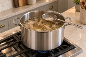 Surface scum removal from three-pound chicken bone broth with a supported stainless skimmer