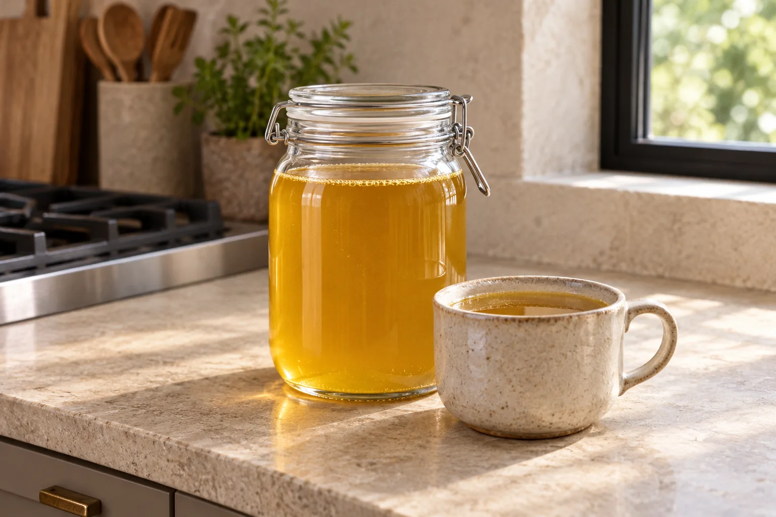 Two-carcass chicken bone broth for later Full GAPS in a glass jar and ceramic cup