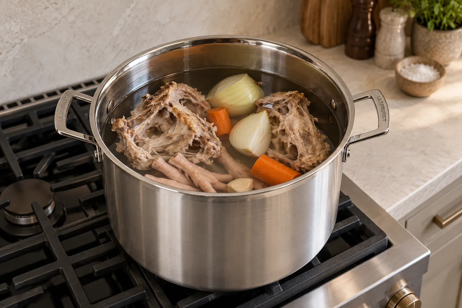 Two cooked chicken carcasses with optional feet onion carrots garlic vinegar and filtered water in a supported stainless stockpot