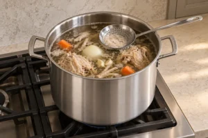 Foam being removed from two-carcass chicken bone broth with a supported stainless skimmer