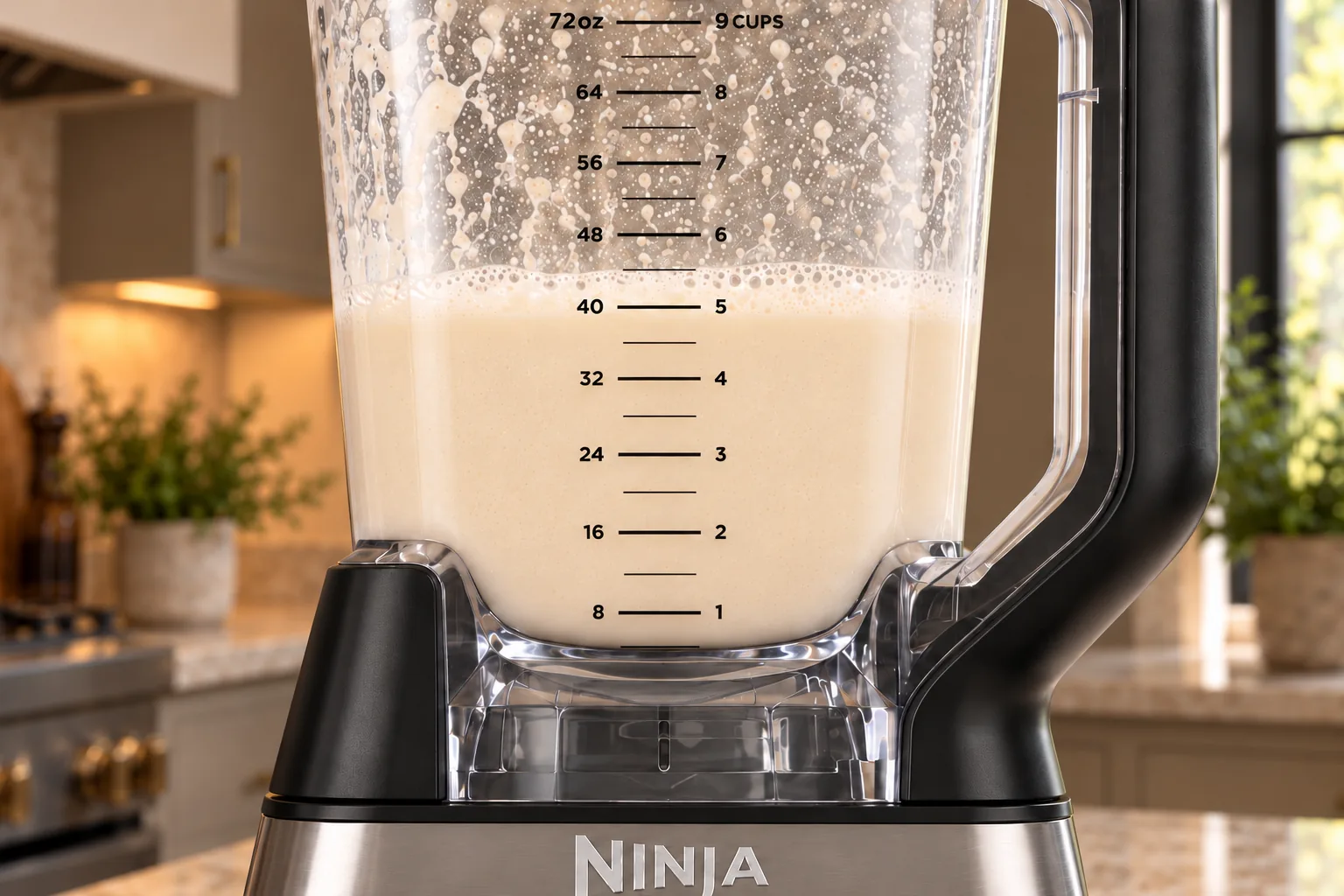 Unstrained cashew milk blended smooth in the exact full-size Ninja BN801 72-ounce pitcher