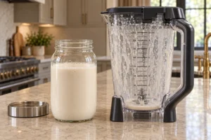 Unstrained cashew milk transferred directly to a fermenting jar beside the residue-coated Ninja BN801 pitcher