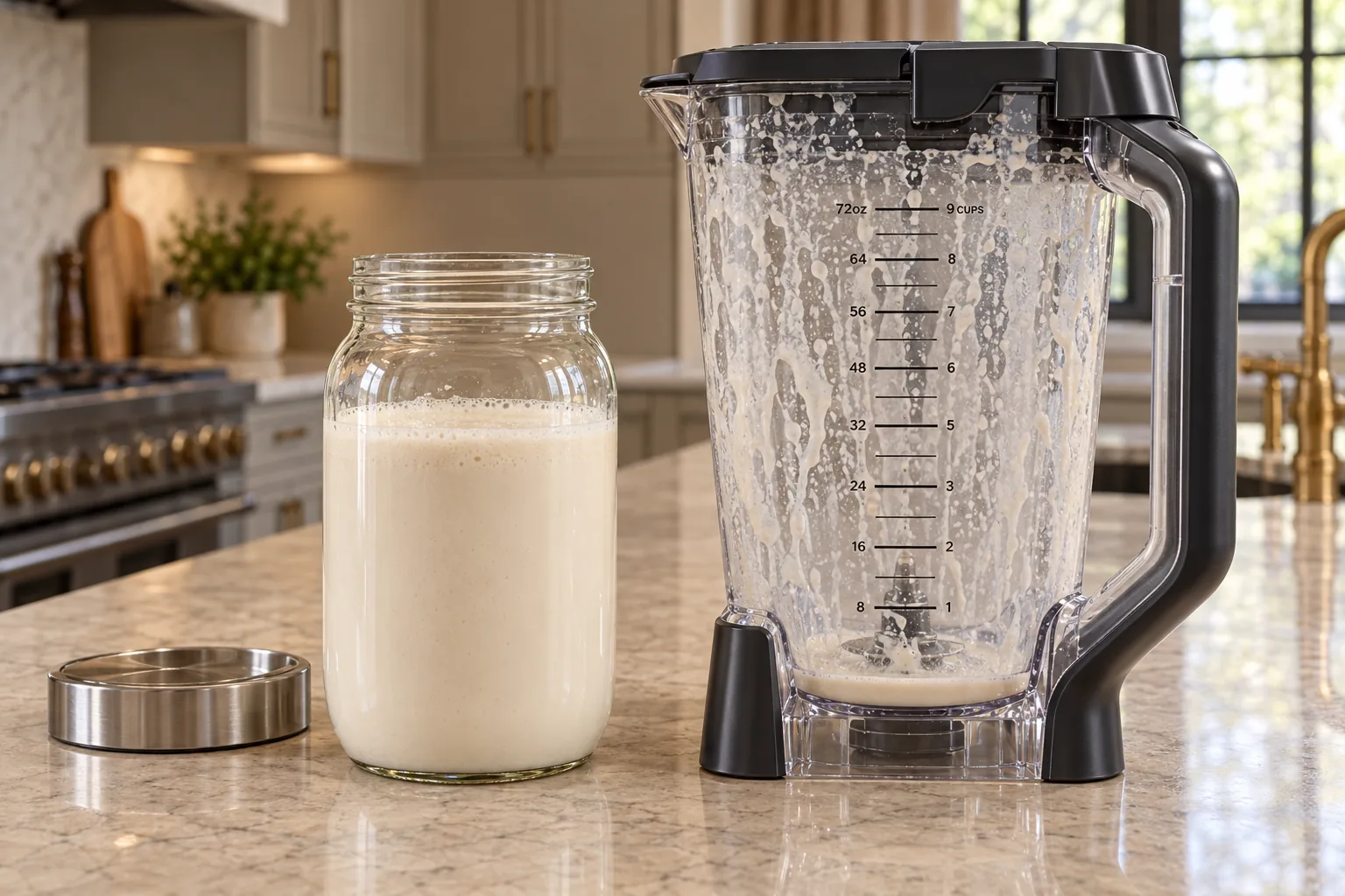 Unstrained cashew milk transferred directly to a fermenting jar beside the residue-coated Ninja BN801 pitcher