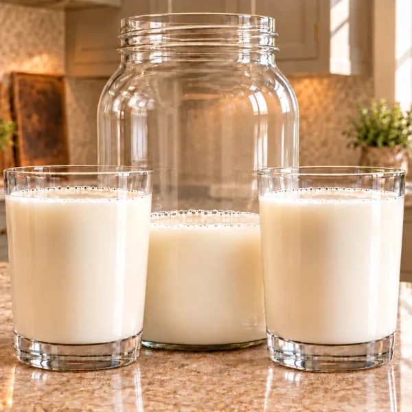 Unstrained fermented cashew milk for Full GAPS in a half-gallon jar with two serving glasses in the WFLI kitchen