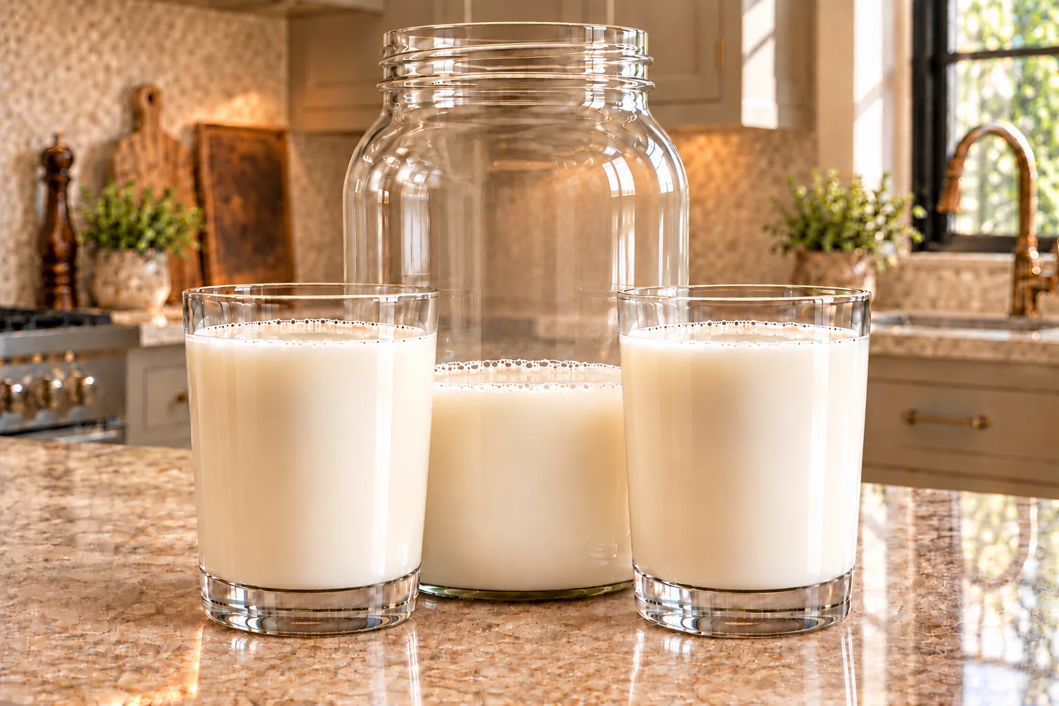 Unstrained fermented cashew milk for Full GAPS in a half-gallon jar with two serving glasses in the WFLI kitchen