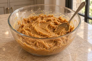 Thick peanut butter honey and egg dough in a glass bowl with the mixing spoon resting inside