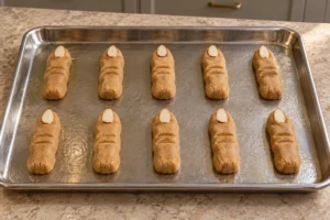 Ten unbaked peanut butter cookie fingers with almond nails and spoon-pressed knuckles on a greased stainless sheet