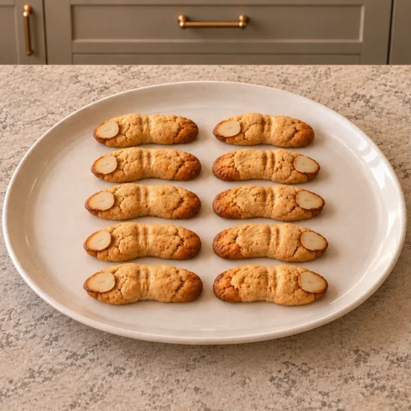 Ten baked peanut butter werewolf finger cookies with almond nails on a complete ceramic platter