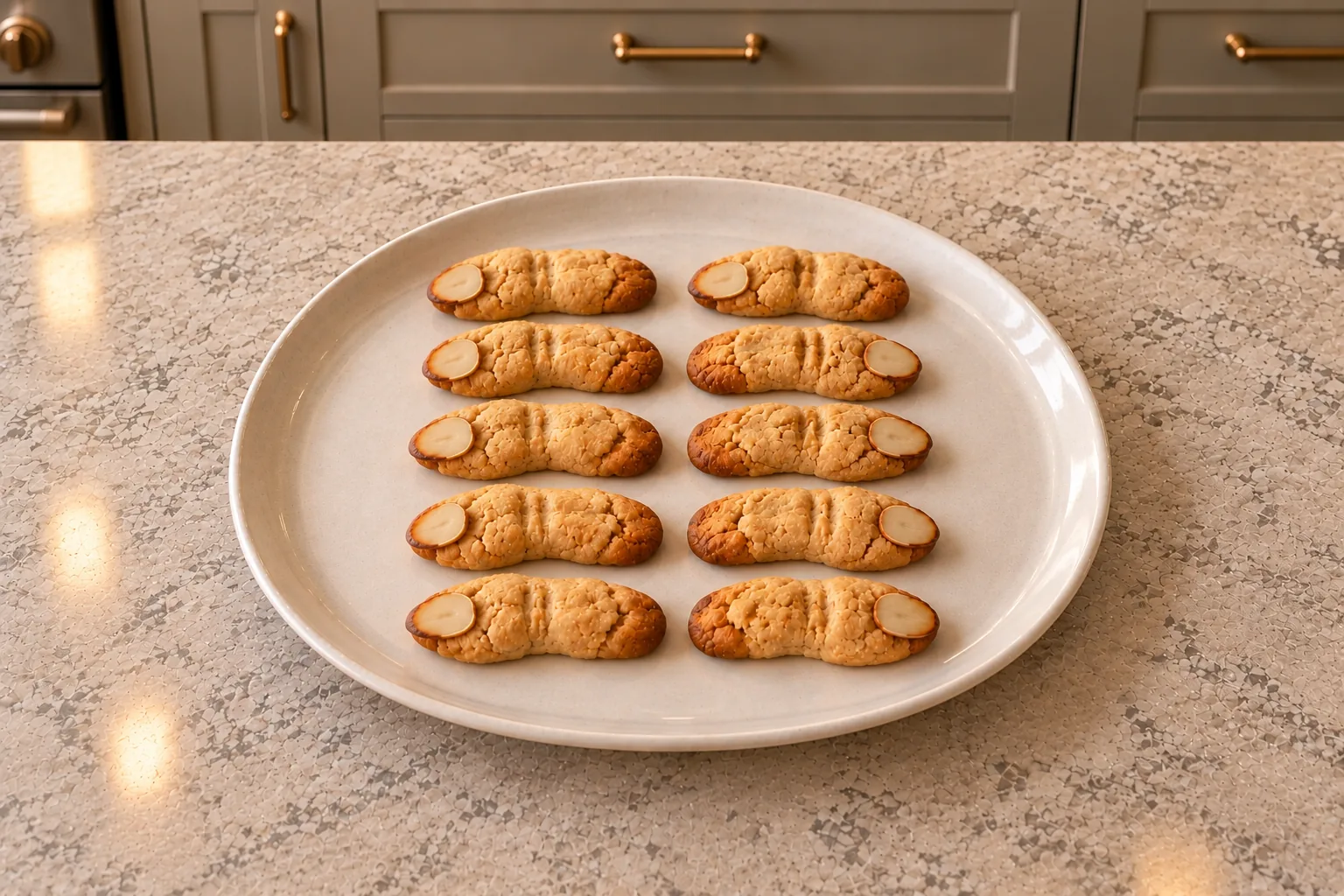 Ten baked peanut butter werewolf finger cookies with almond nails on a ceramic plate