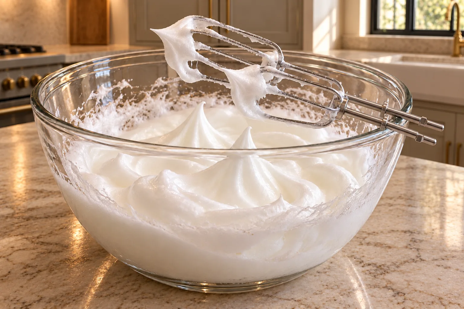Egg whites beaten to stiff peaks in a clear glass bowl for winter squash pancakes