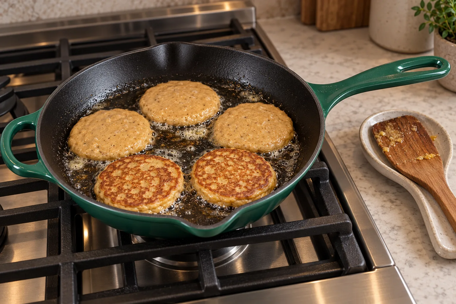 Small winter squash pancakes cooking in a Le Creuset Artichaut skillet